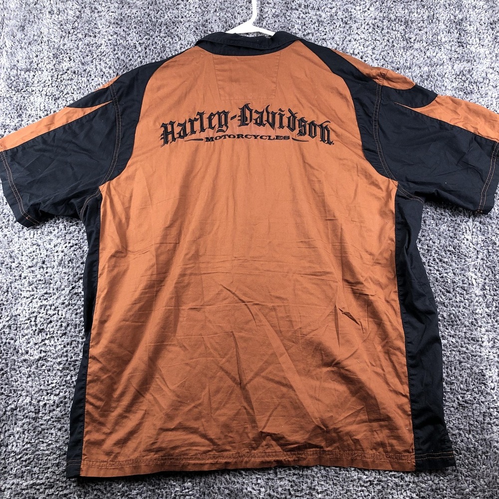 Harley-Davidson Shirt Mens 2XL Orange Black Skull Short Sleeve Button Up Biker